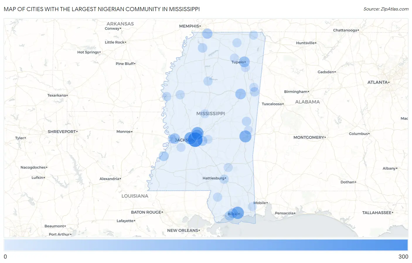 Cities with the Largest Nigerian Community in Mississippi Map