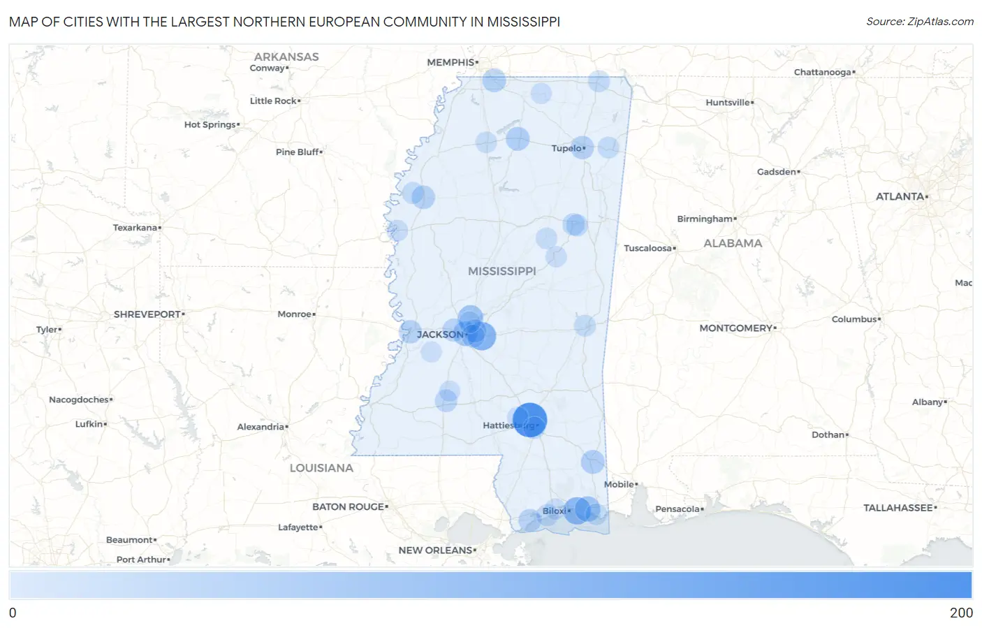 Cities with the Largest Northern European Community in Mississippi Map