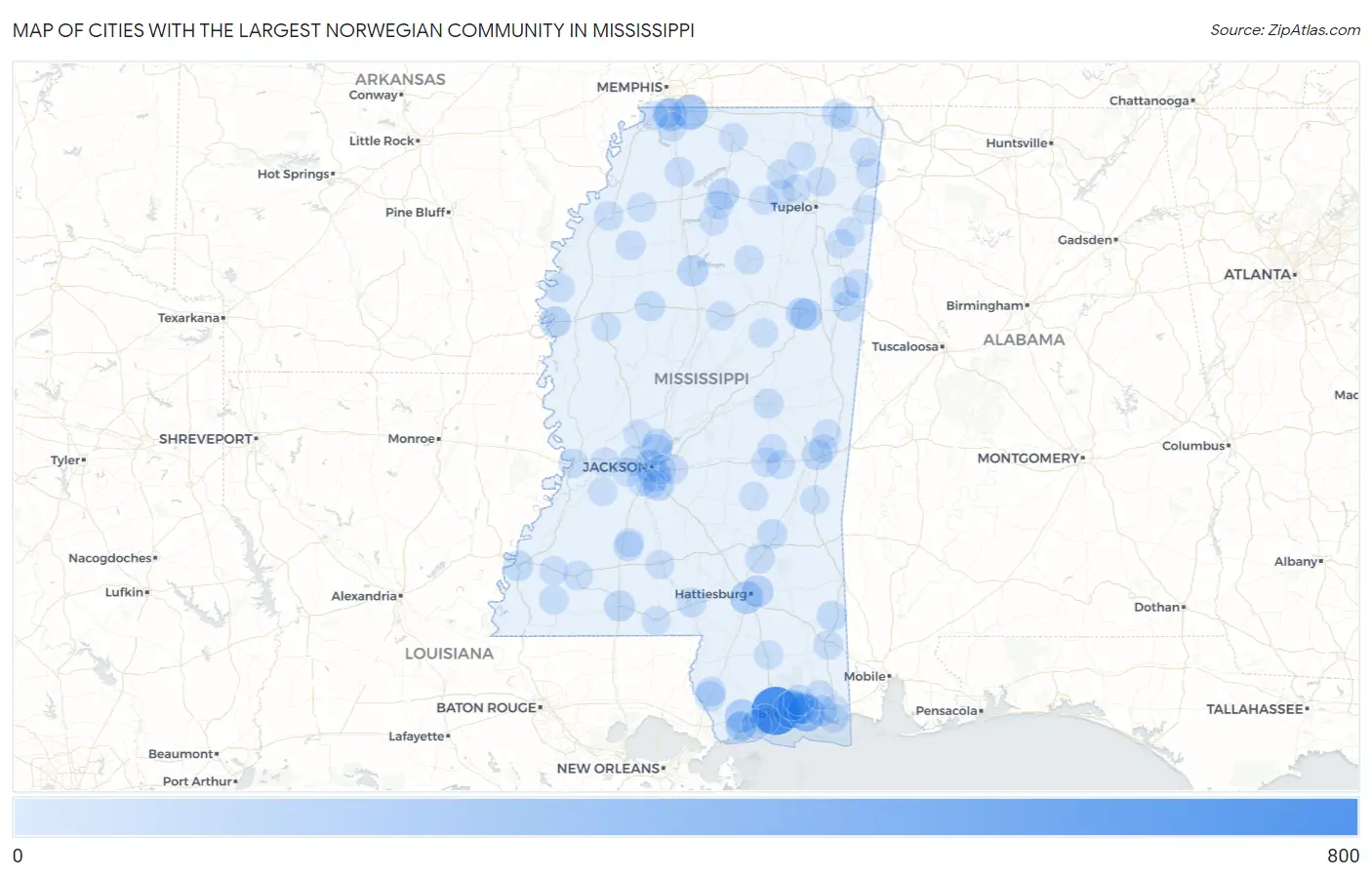 Cities with the Largest Norwegian Community in Mississippi Map