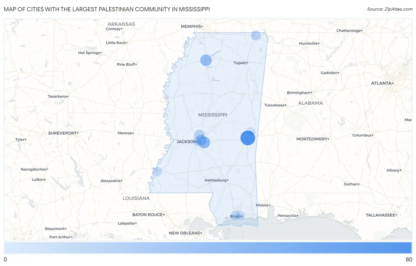 Cities with the Largest Palestinian Community in Mississippi Map