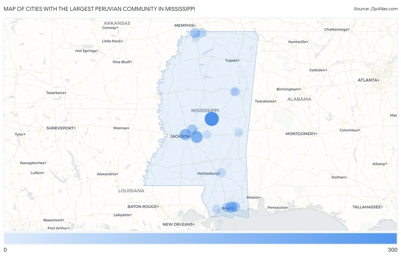 Cities with the Largest Peruvian Community in Mississippi Map