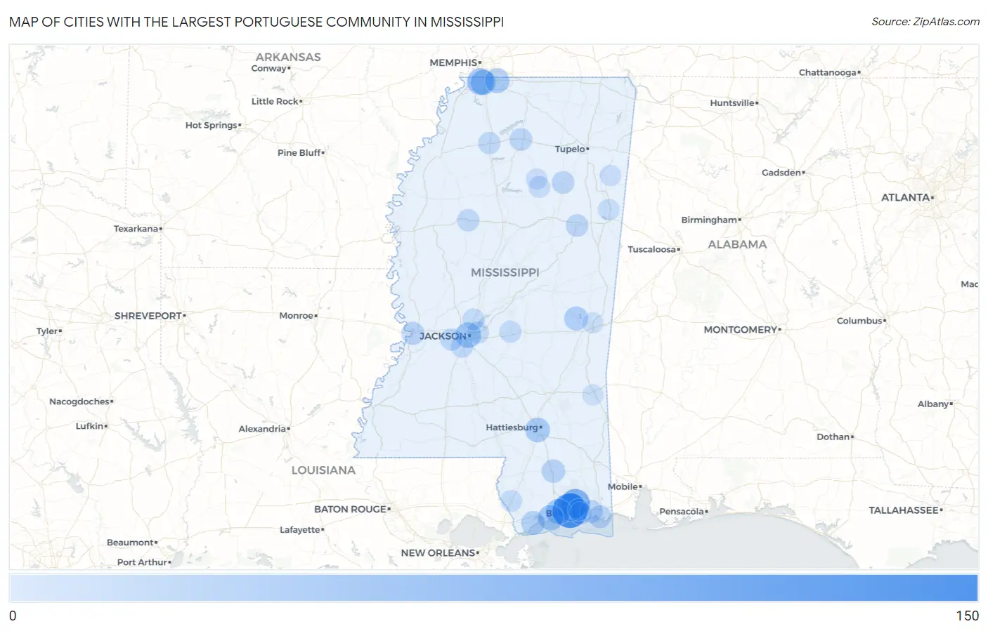 Cities with the Largest Portuguese Community in Mississippi Map