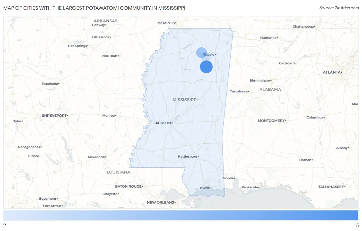 Cities with the Largest Potawatomi Community in Mississippi Map