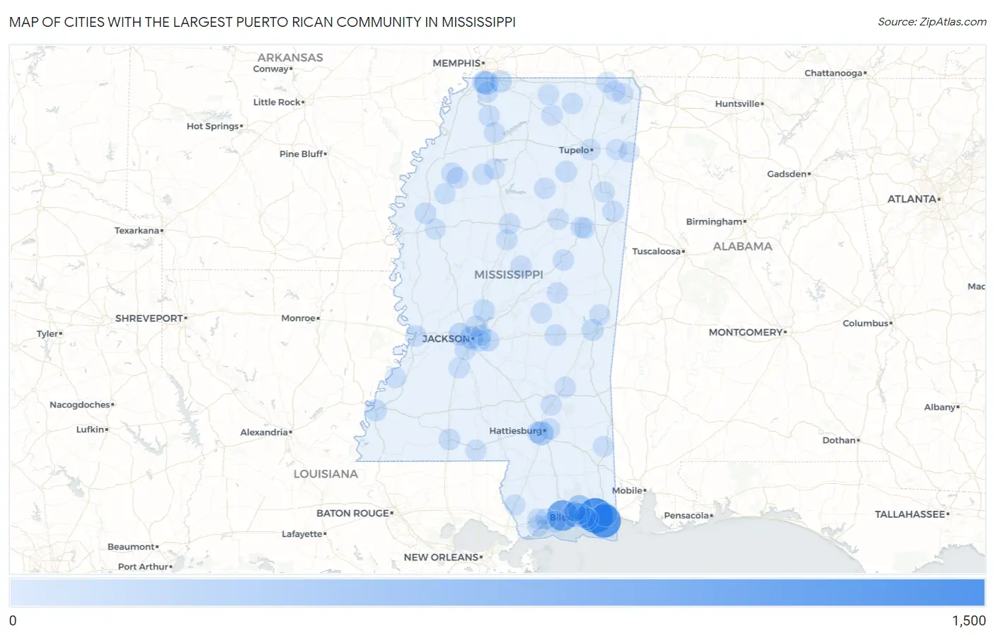 Cities with the Largest Puerto Rican Community in Mississippi Map