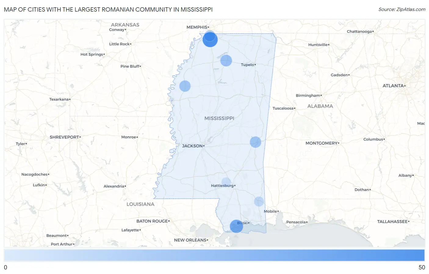 Cities with the Largest Romanian Community in Mississippi Map