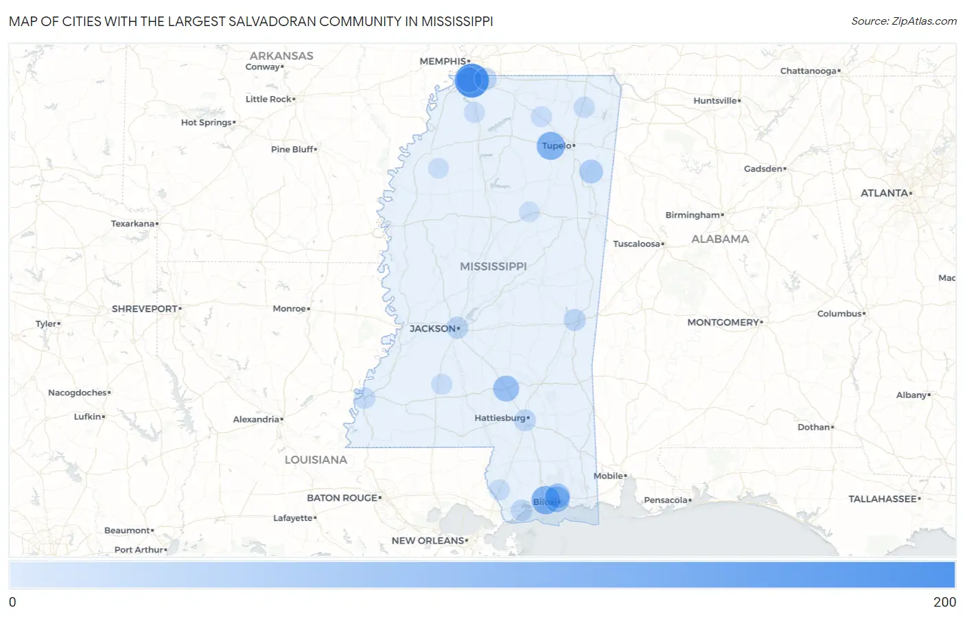 Cities with the Largest Salvadoran Community in Mississippi Map