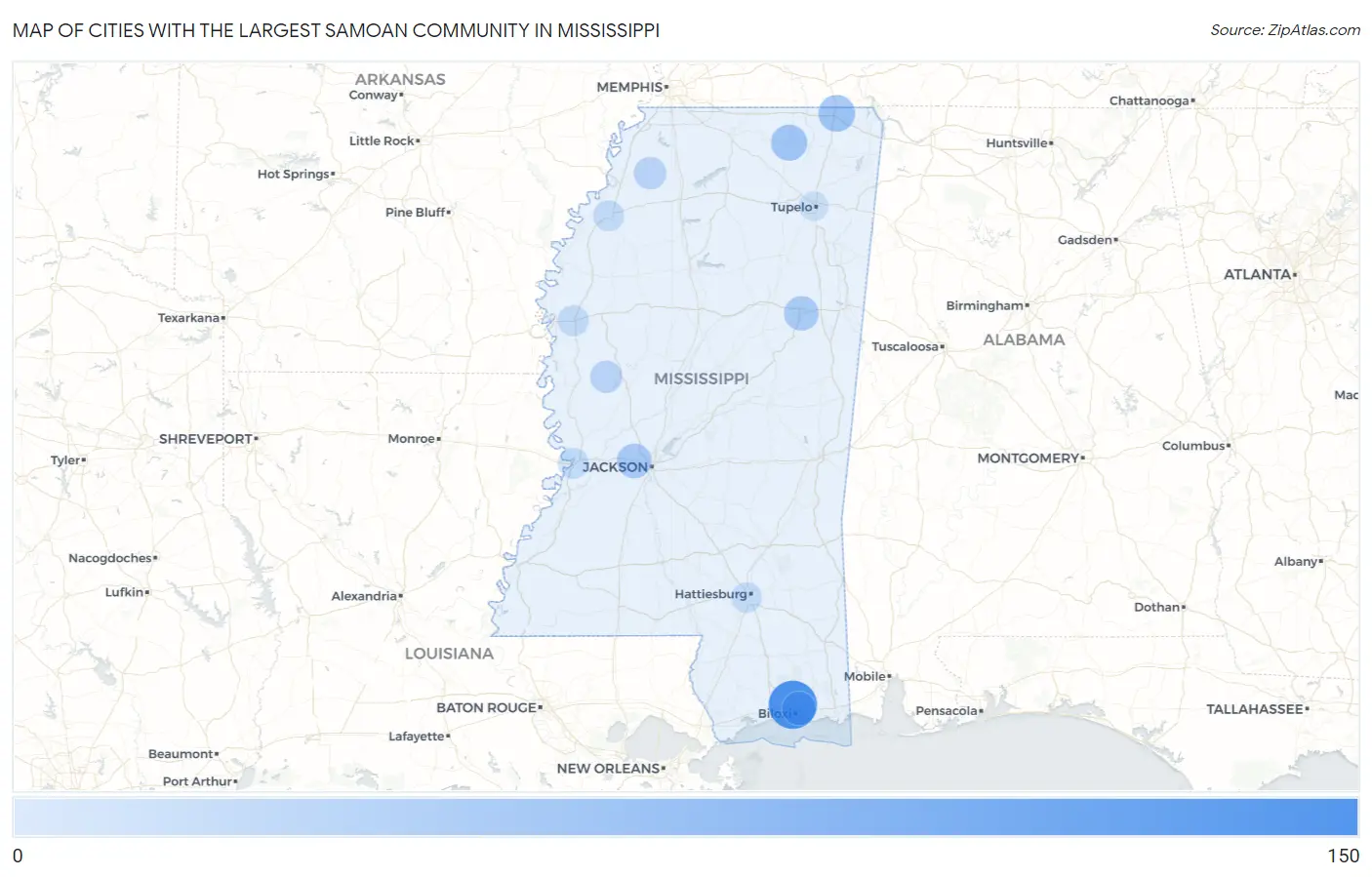 Cities with the Largest Samoan Community in Mississippi Map