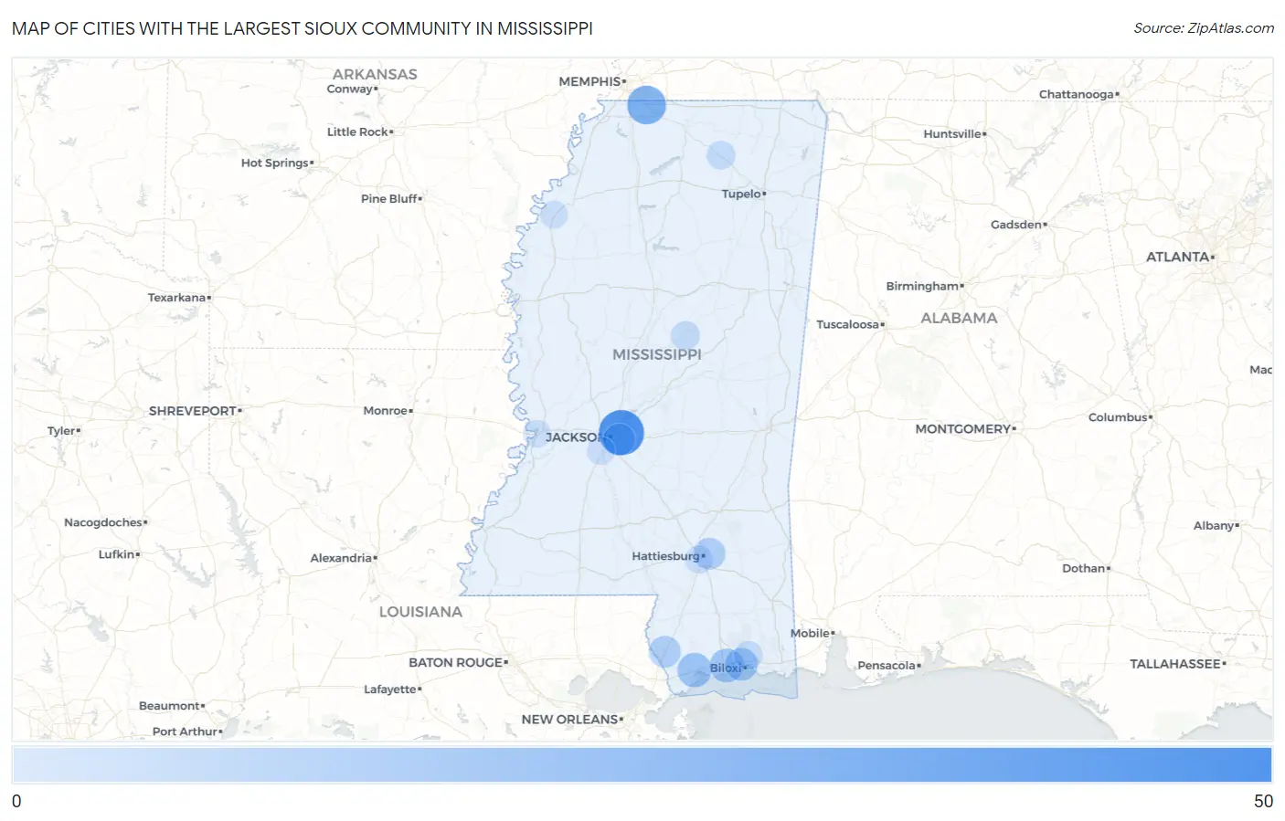 Cities with the Largest Sioux Community in Mississippi Map