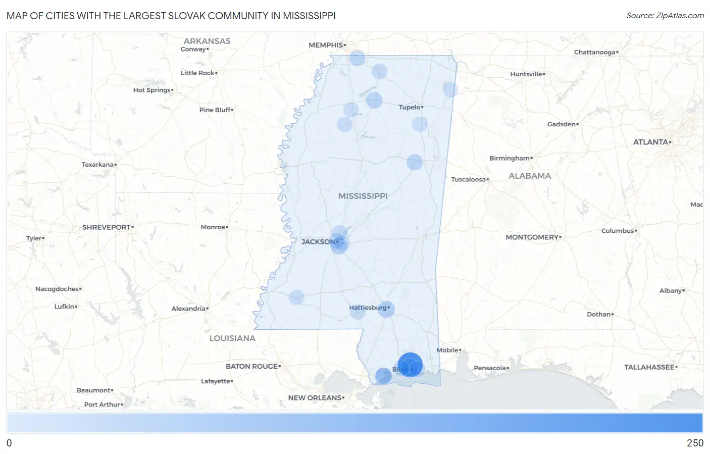 Cities with the Largest Slovak Community in Mississippi Map