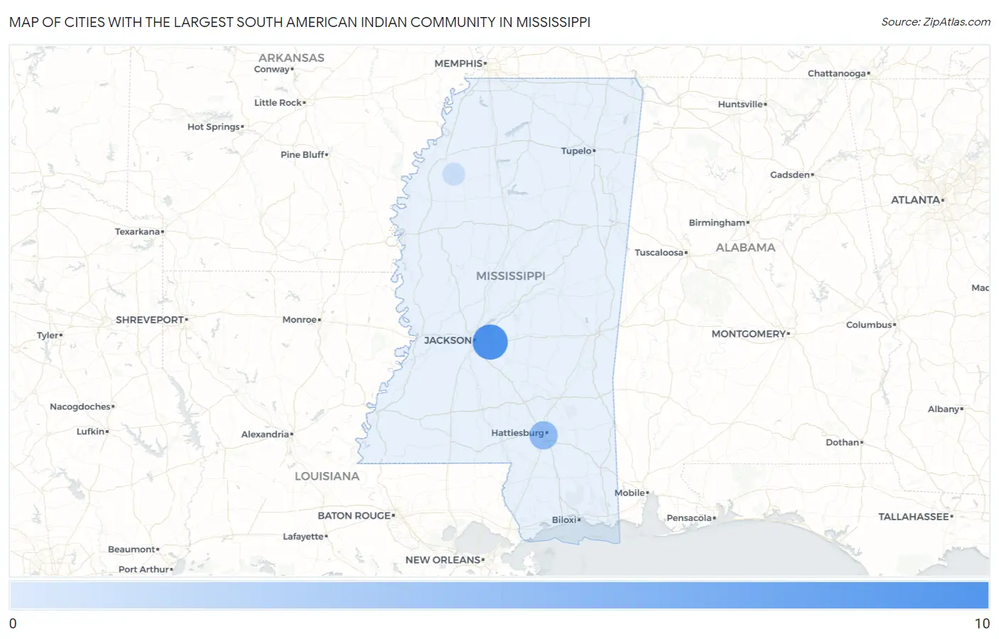 Cities with the Largest South American Indian Community in Mississippi Map