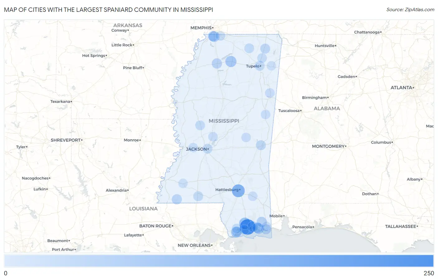 Cities with the Largest Spaniard Community in Mississippi Map