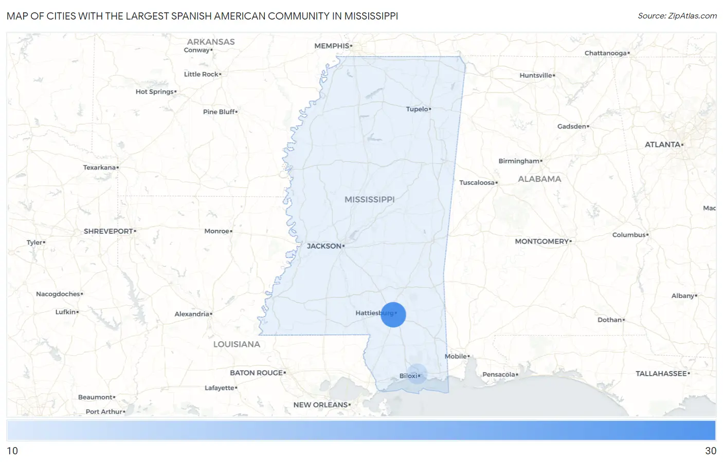Cities with the Largest Spanish American Community in Mississippi Map