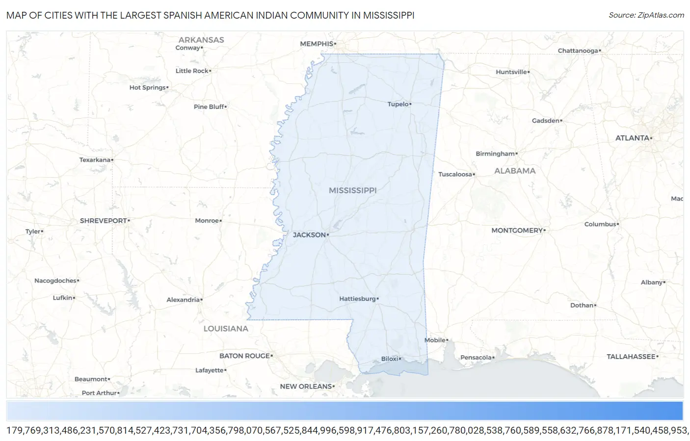 Cities with the Largest Spanish American Indian Community in Mississippi Map