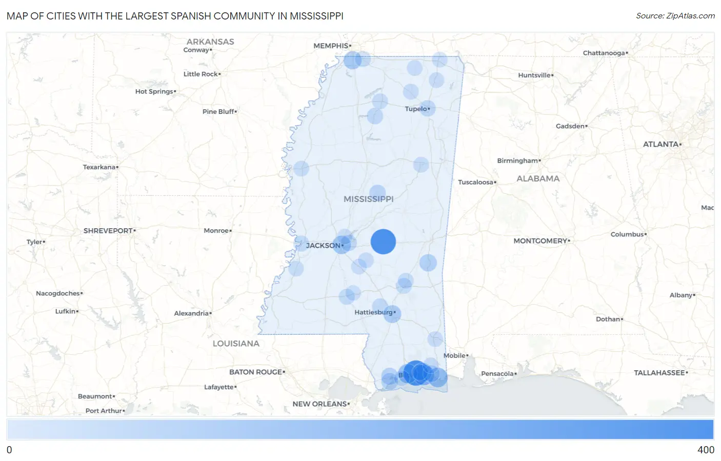 Cities with the Largest Spanish Community in Mississippi Map
