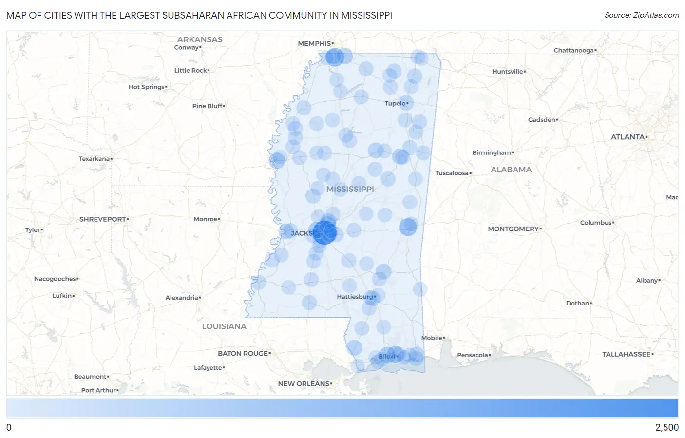Cities with the Largest Subsaharan African Community in Mississippi Map