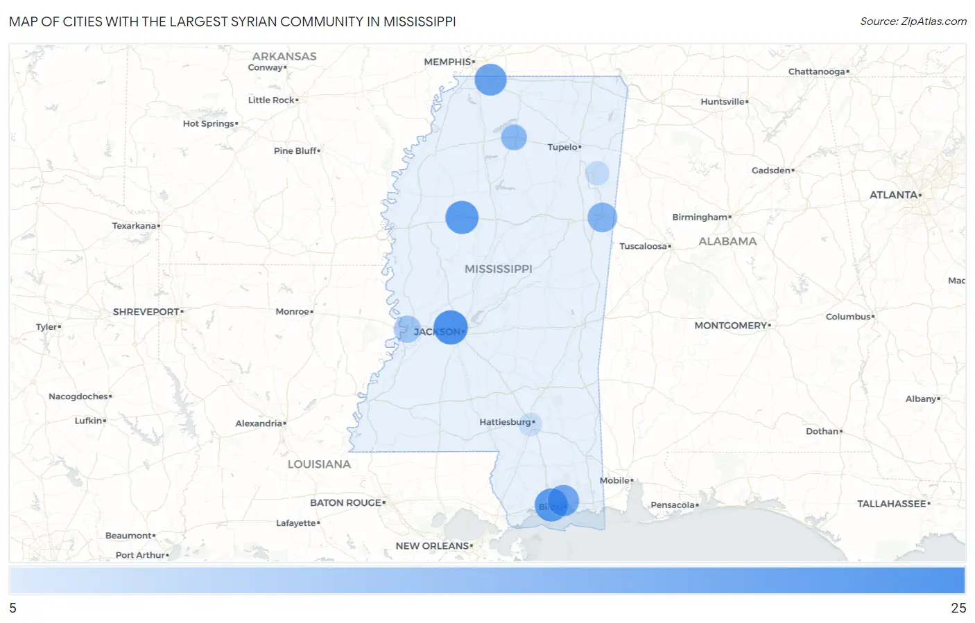 Cities with the Largest Syrian Community in Mississippi Map