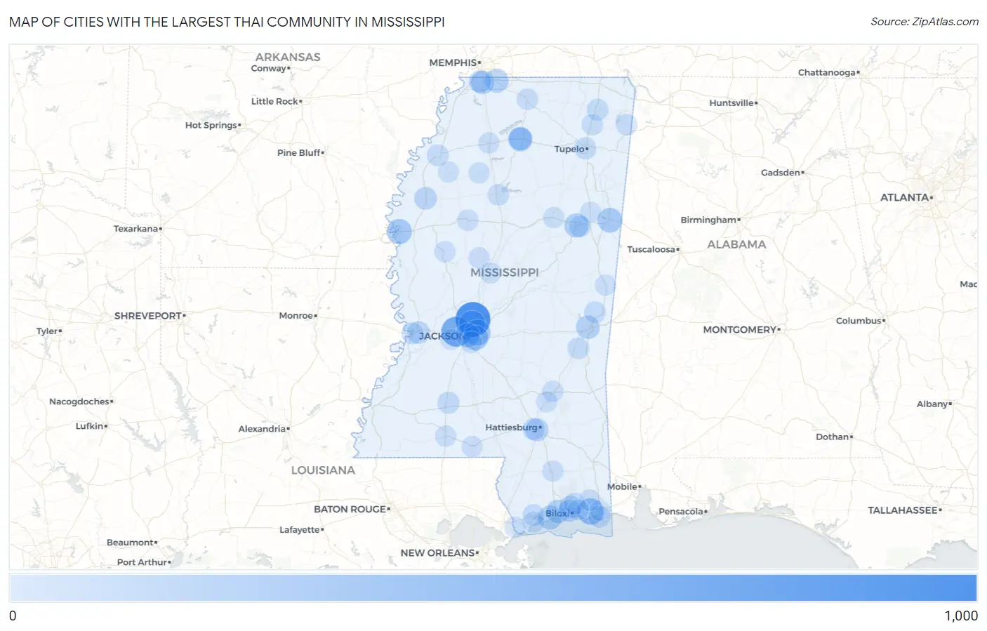 Cities with the Largest Thai Community in Mississippi Map