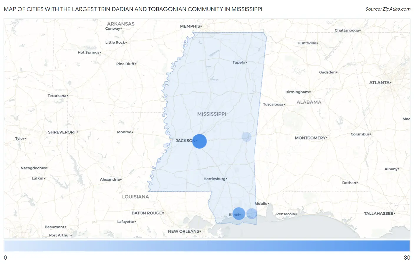 Cities with the Largest Trinidadian and Tobagonian Community in Mississippi Map