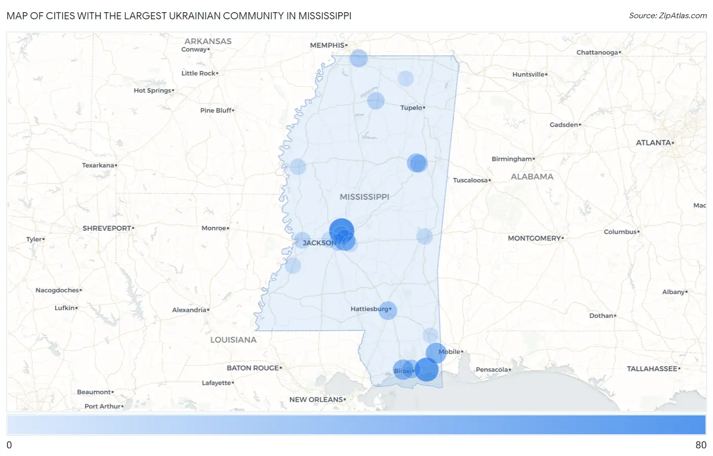 Cities with the Largest Ukrainian Community in Mississippi Map