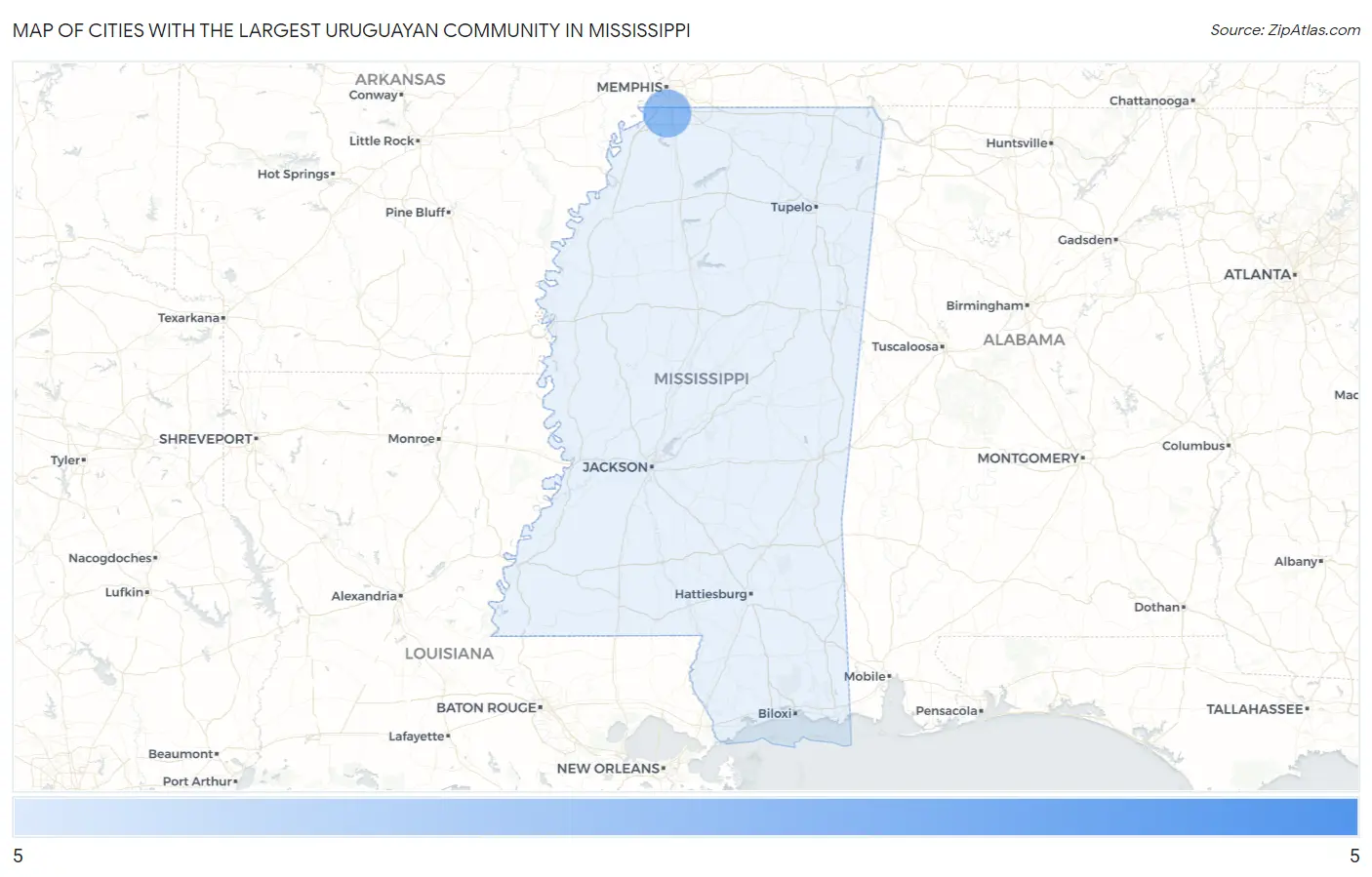 Cities with the Largest Uruguayan Community in Mississippi Map