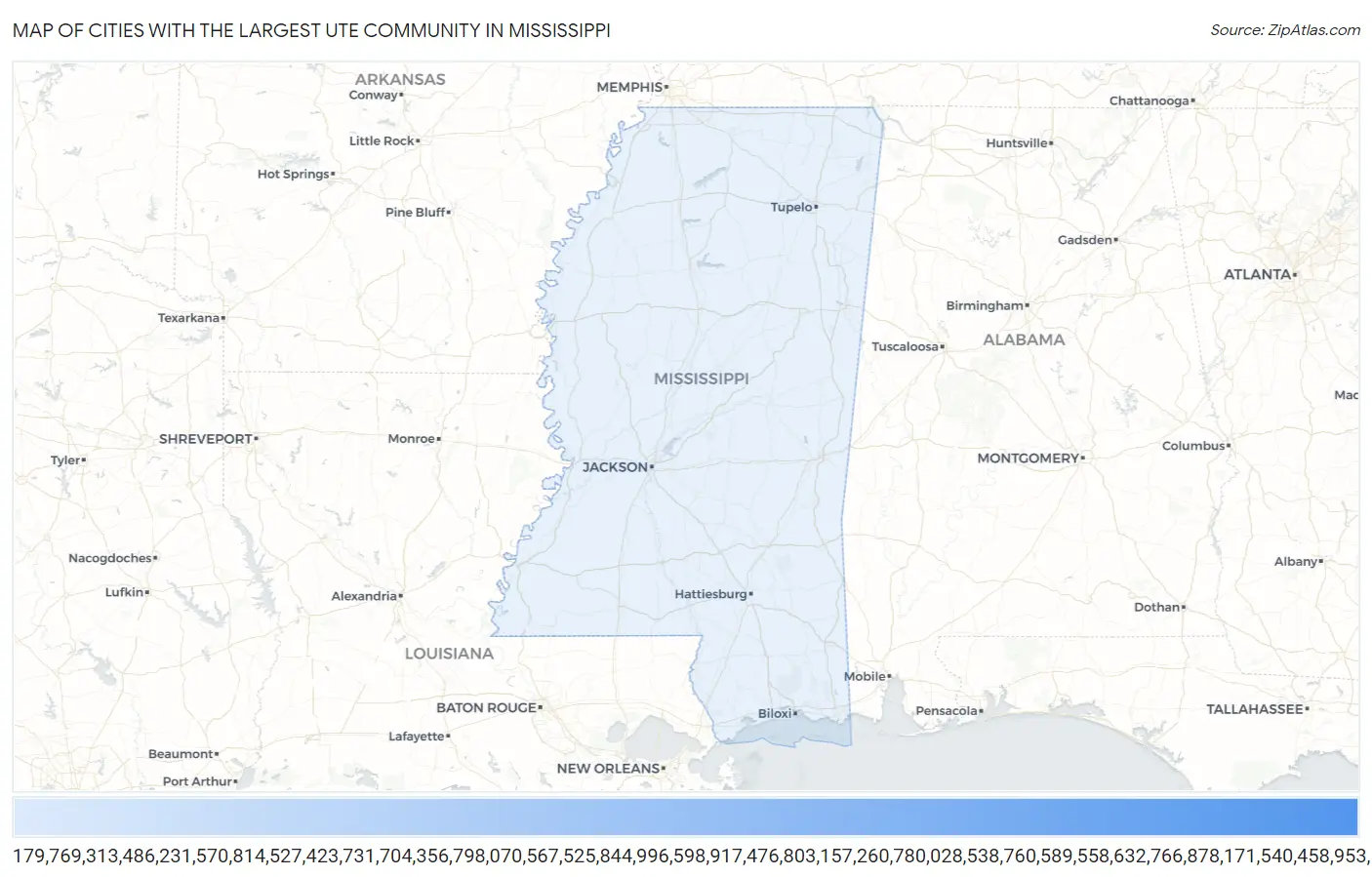 Cities with the Largest Ute Community in Mississippi Map