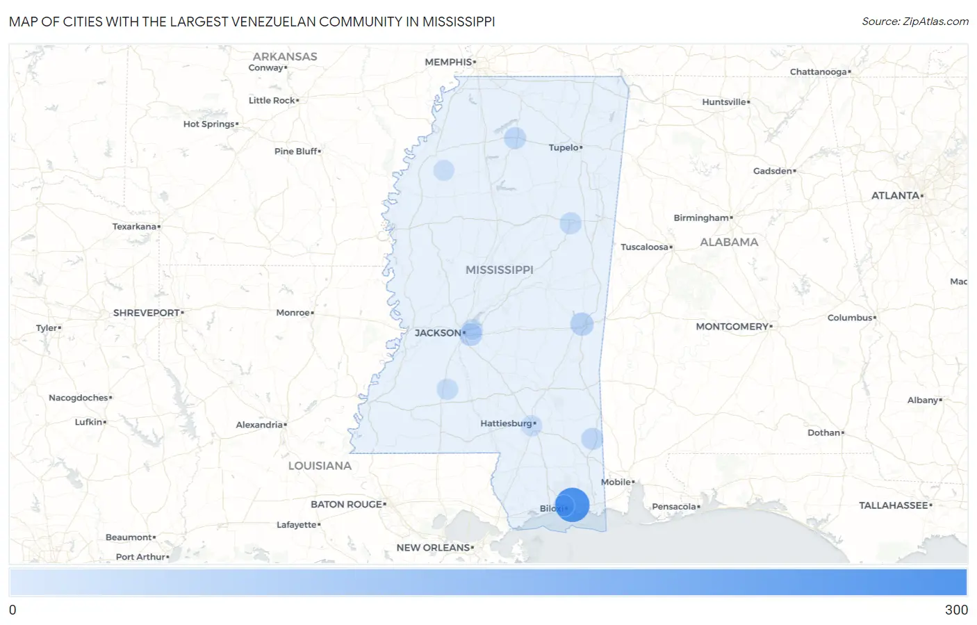 Cities with the Largest Venezuelan Community in Mississippi Map