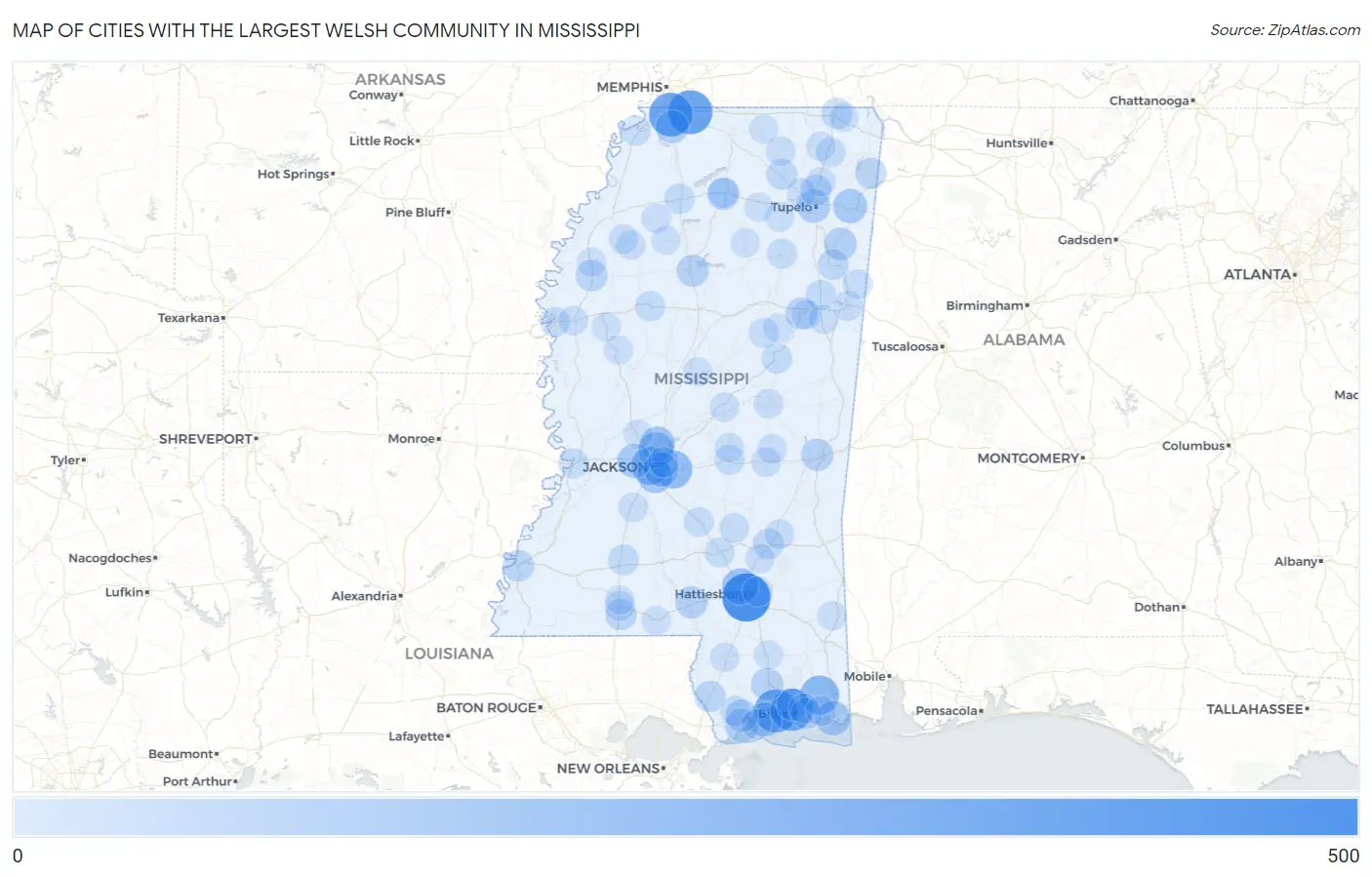 Cities with the Largest Welsh Community in Mississippi Map