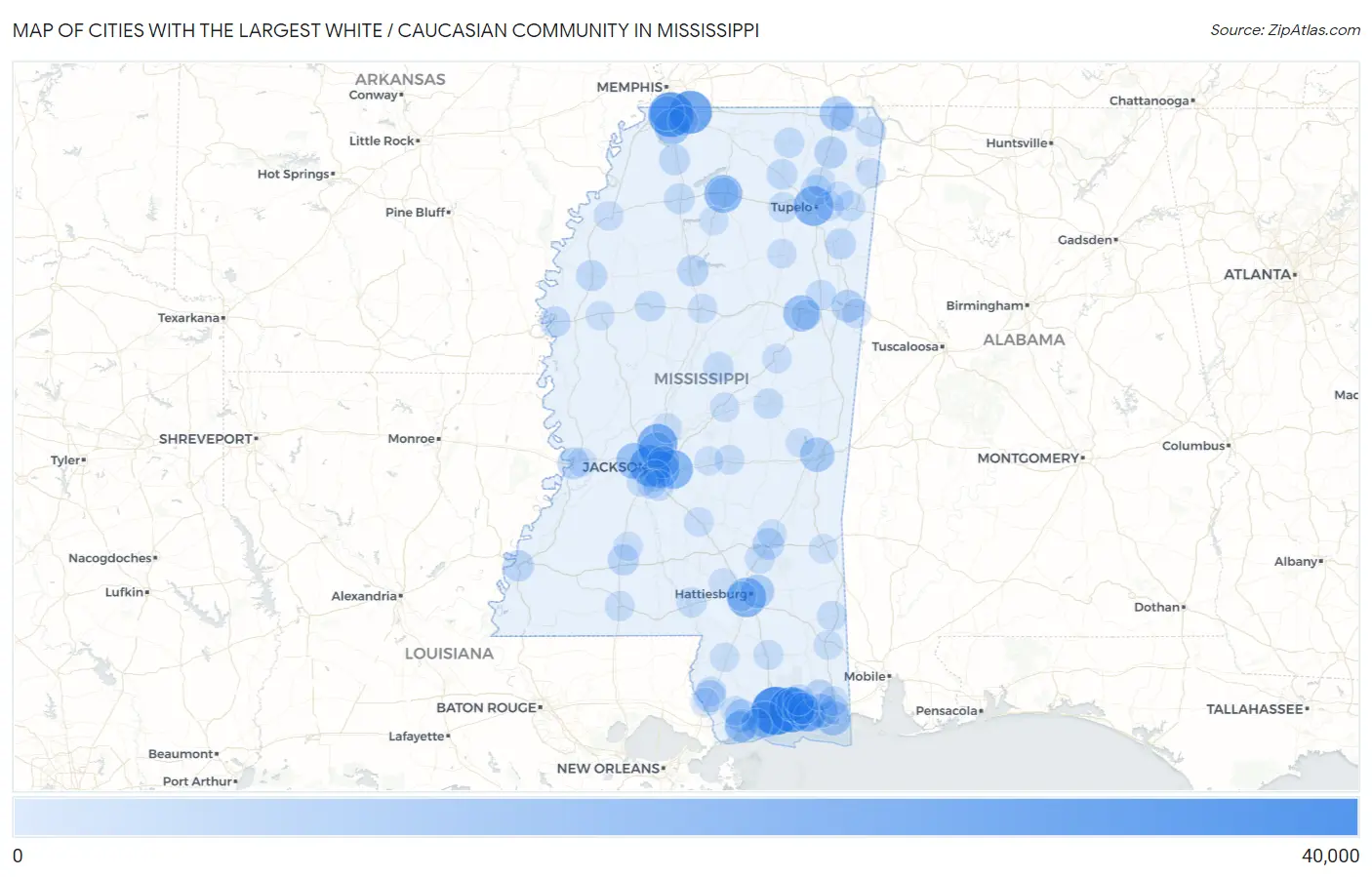 Cities with the Largest White / Caucasian Community in Mississippi Map