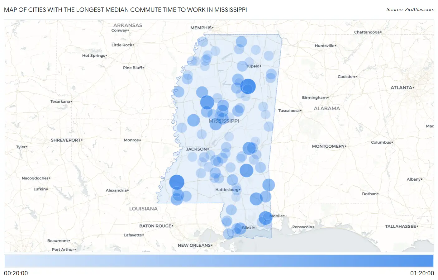 Cities with the Longest Median Commute Time to Work in Mississippi Map