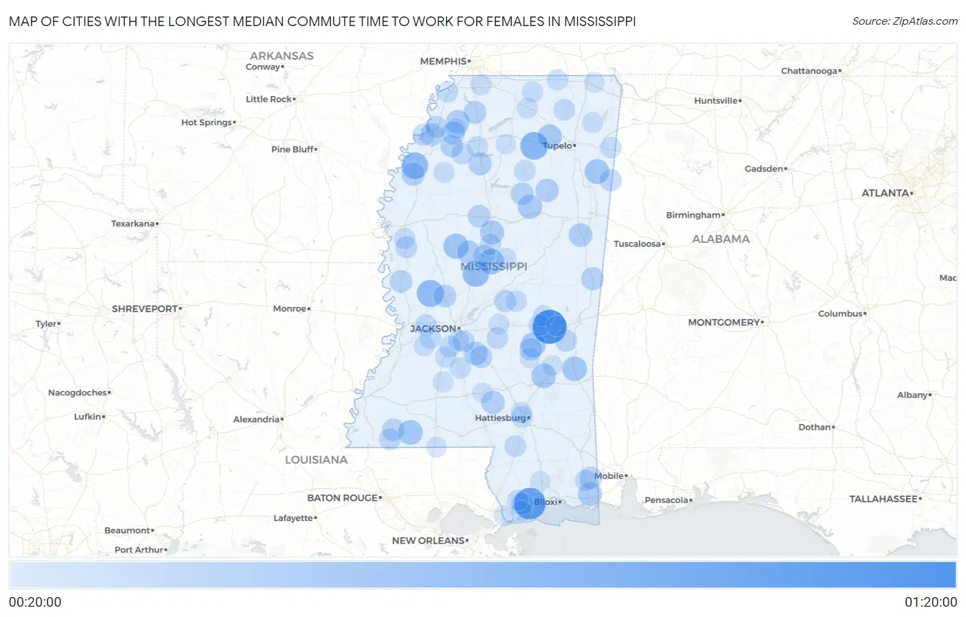 Cities with the Longest Median Commute Time to Work for Females in Mississippi Map