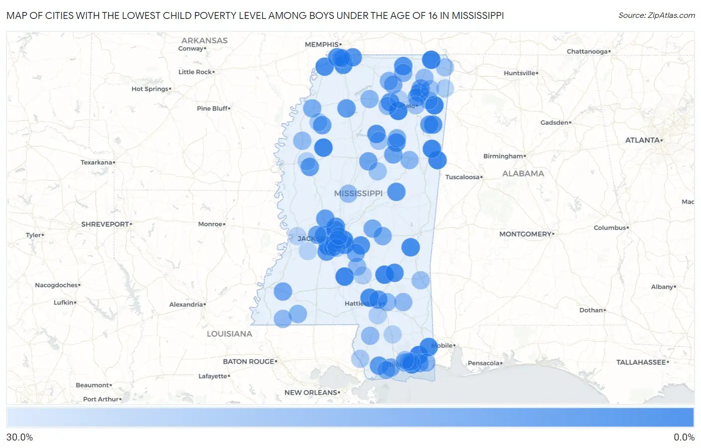 Cities with the Lowest Child Poverty Level Among Boys Under the Age of 16 in Mississippi Map
