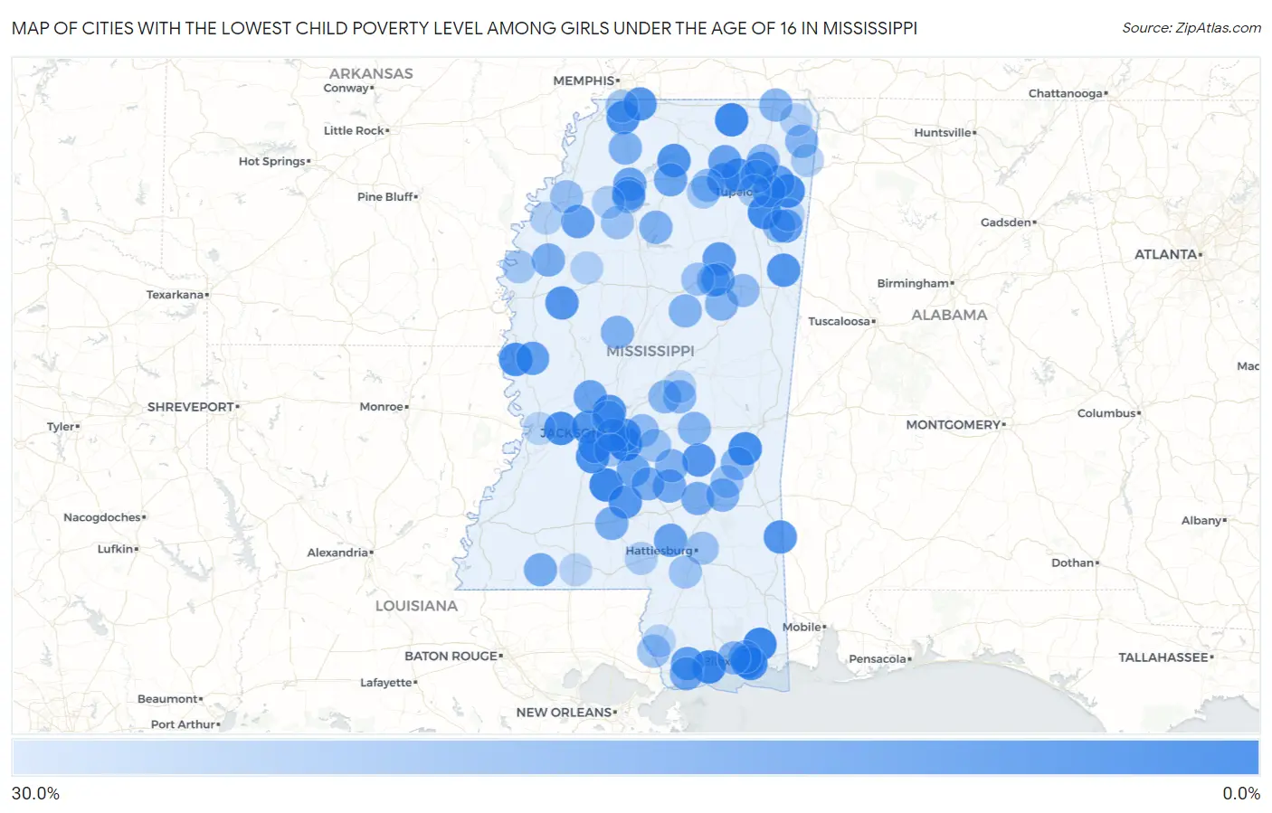 Cities with the Lowest Child Poverty Level Among Girls Under the Age of 16 in Mississippi Map
