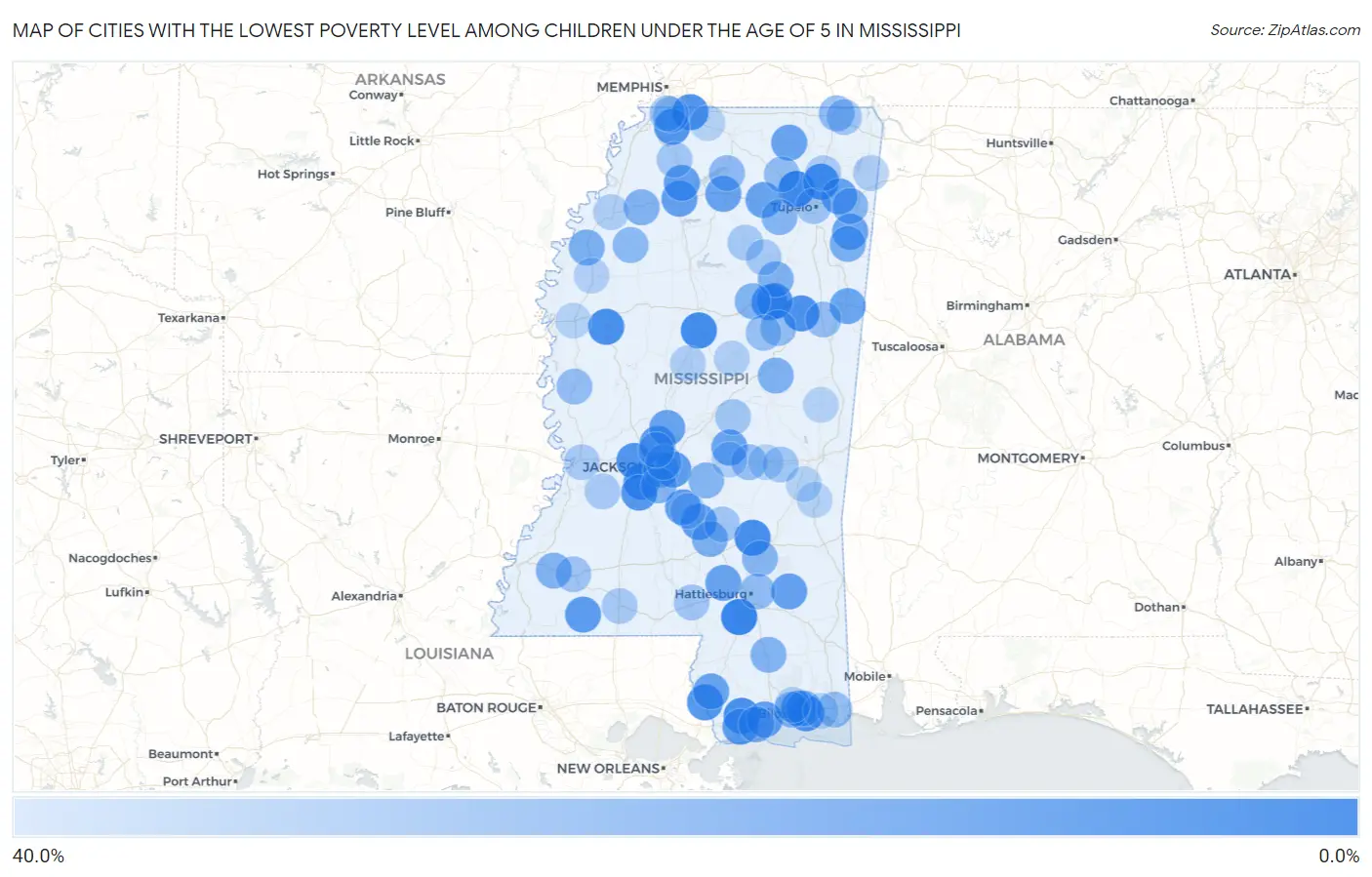Cities with the Lowest Poverty Level Among Children Under the Age of 5 in Mississippi Map