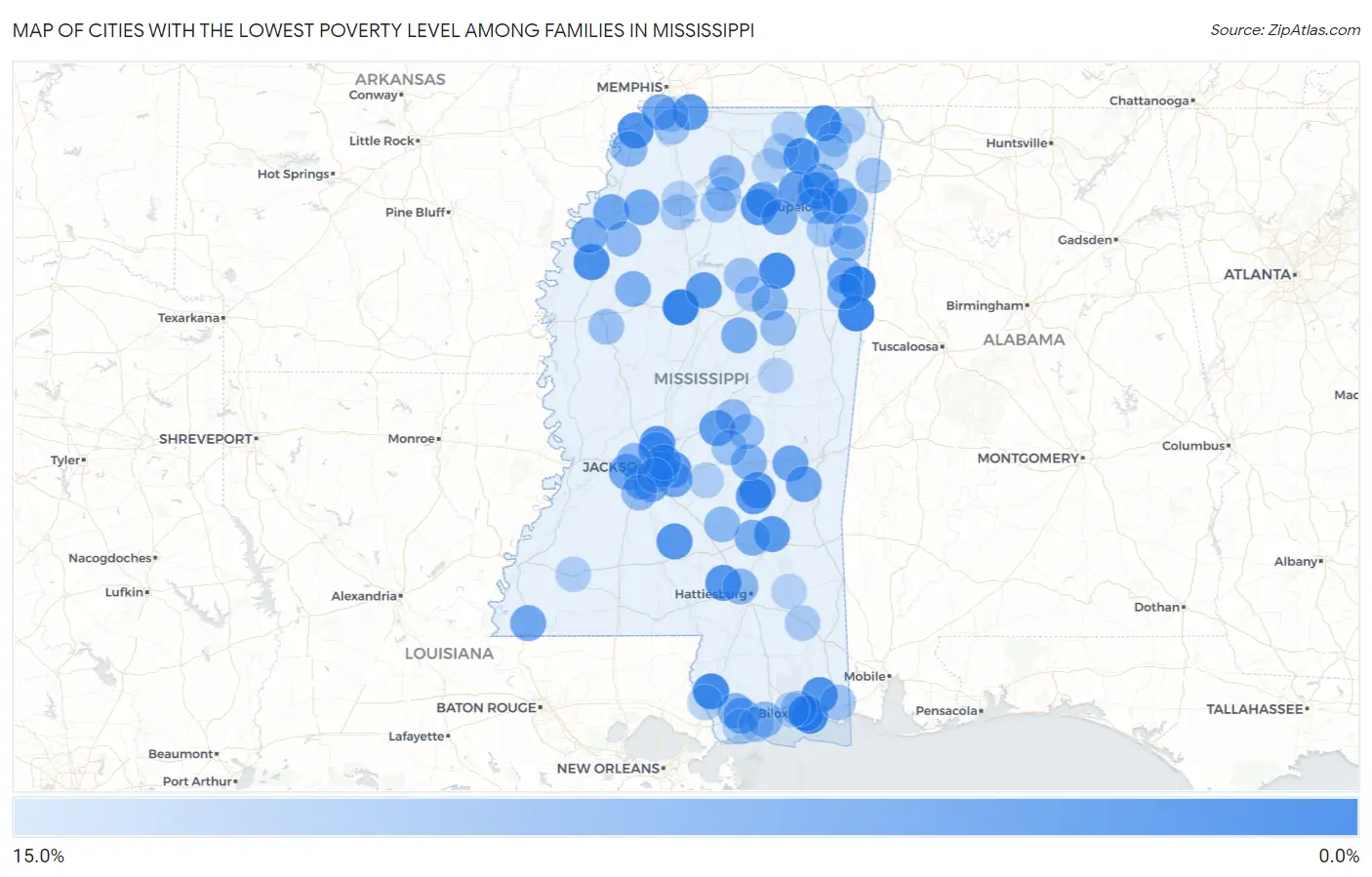 Cities with the Lowest Poverty Level Among Families in Mississippi Map