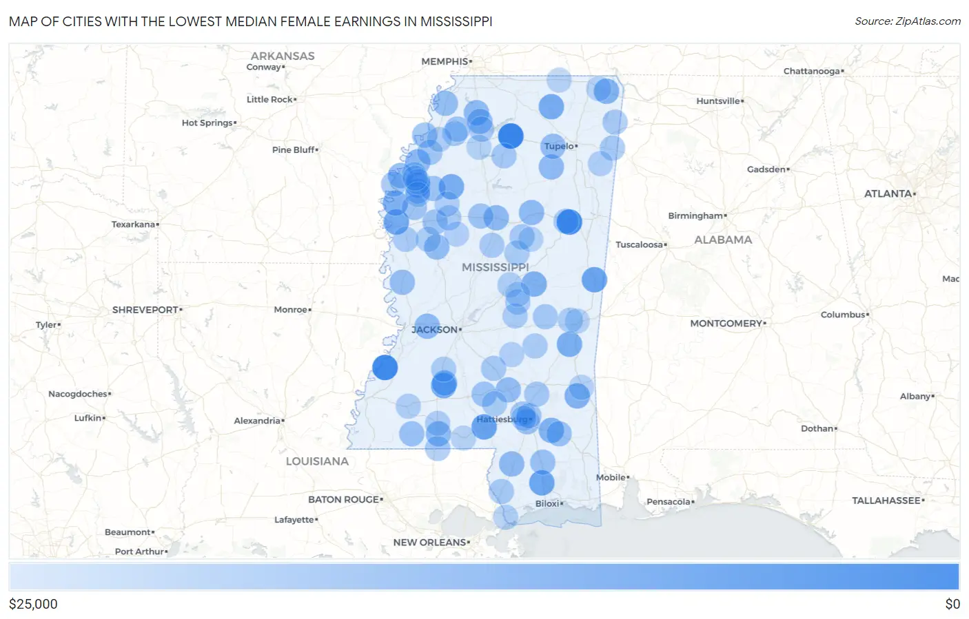 Cities with the Lowest Median Female Earnings in Mississippi Map