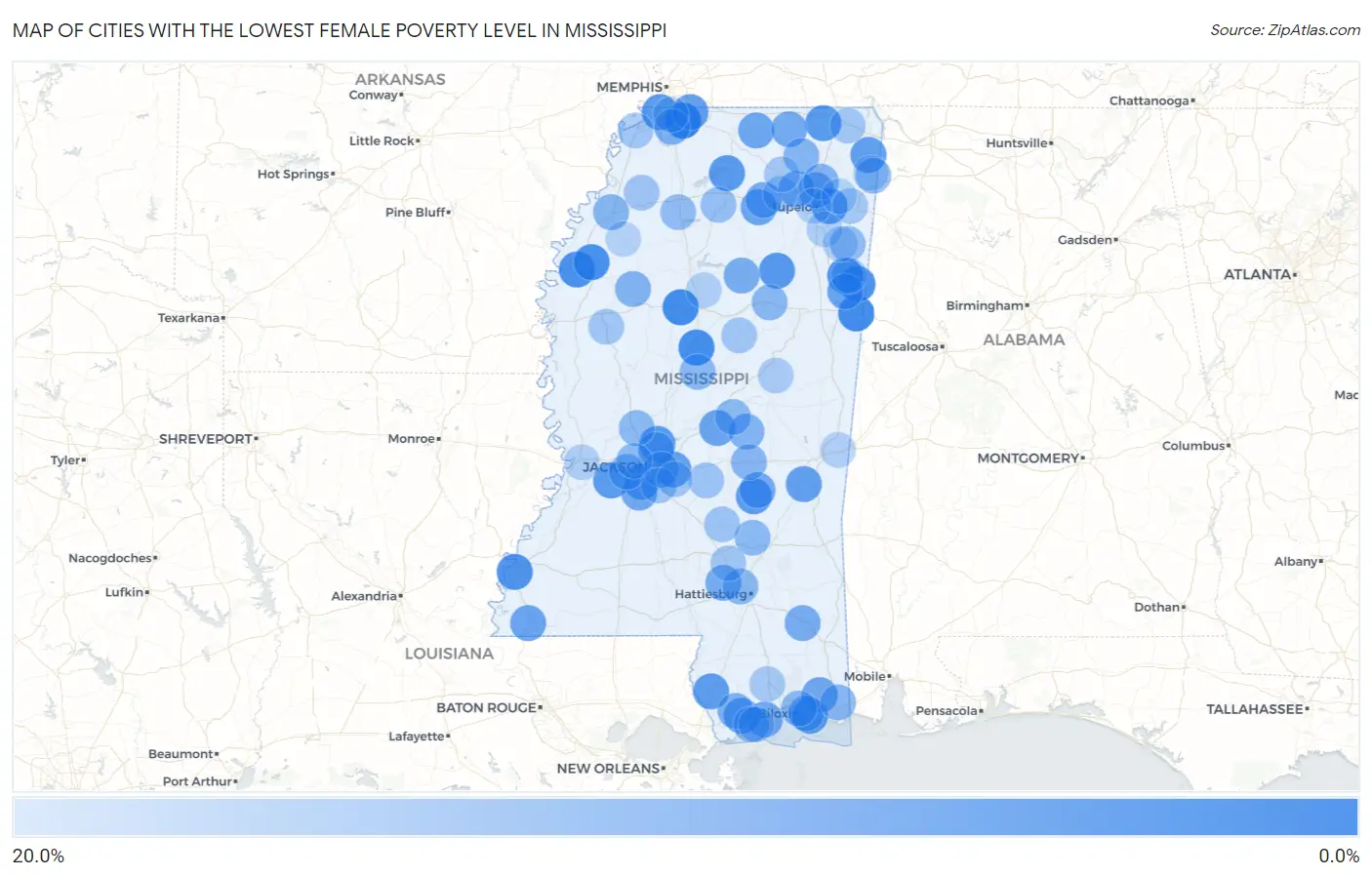 Cities with the Lowest Female Poverty Level in Mississippi Map
