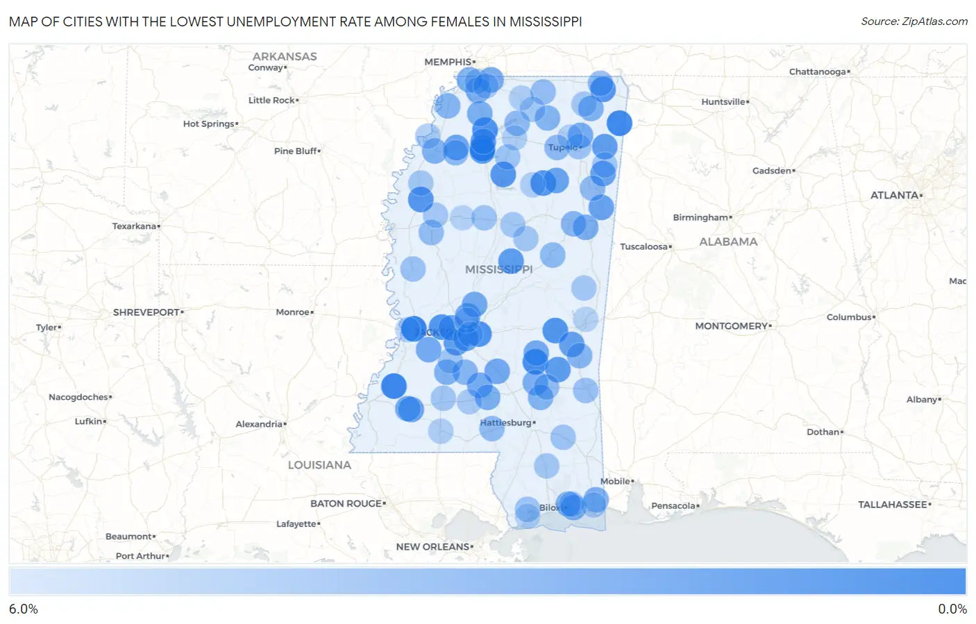 Cities with the Lowest Unemployment Rate Among Females in Mississippi Map