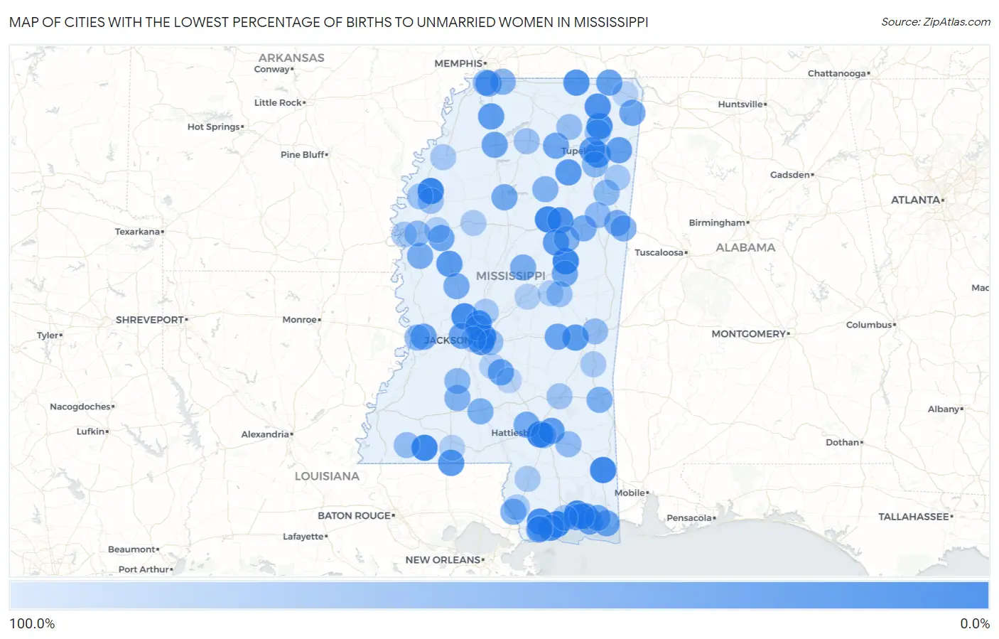 Cities with the Lowest Percentage of Births to Unmarried Women in Mississippi Map