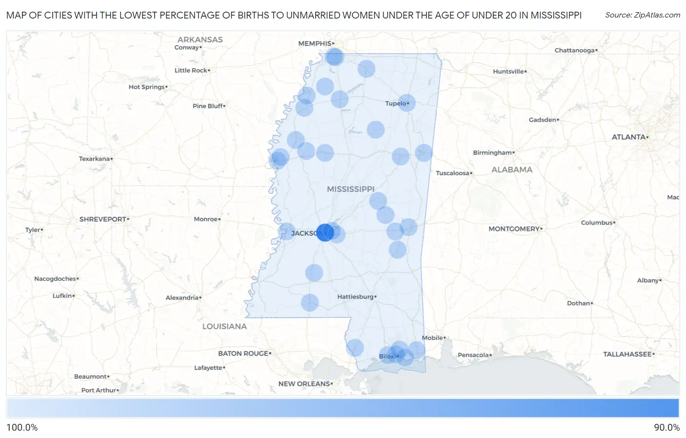 Cities with the Lowest Percentage of Births to Unmarried Women under the Age of under 20 in Mississippi Map