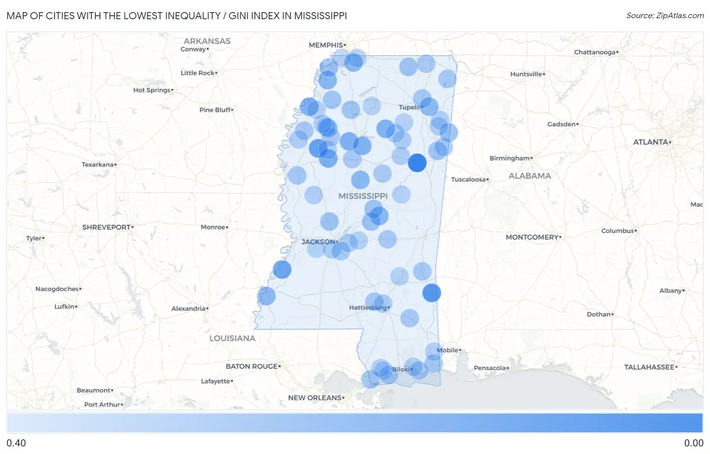 Cities with the Lowest Inequality / Gini Index in Mississippi Map