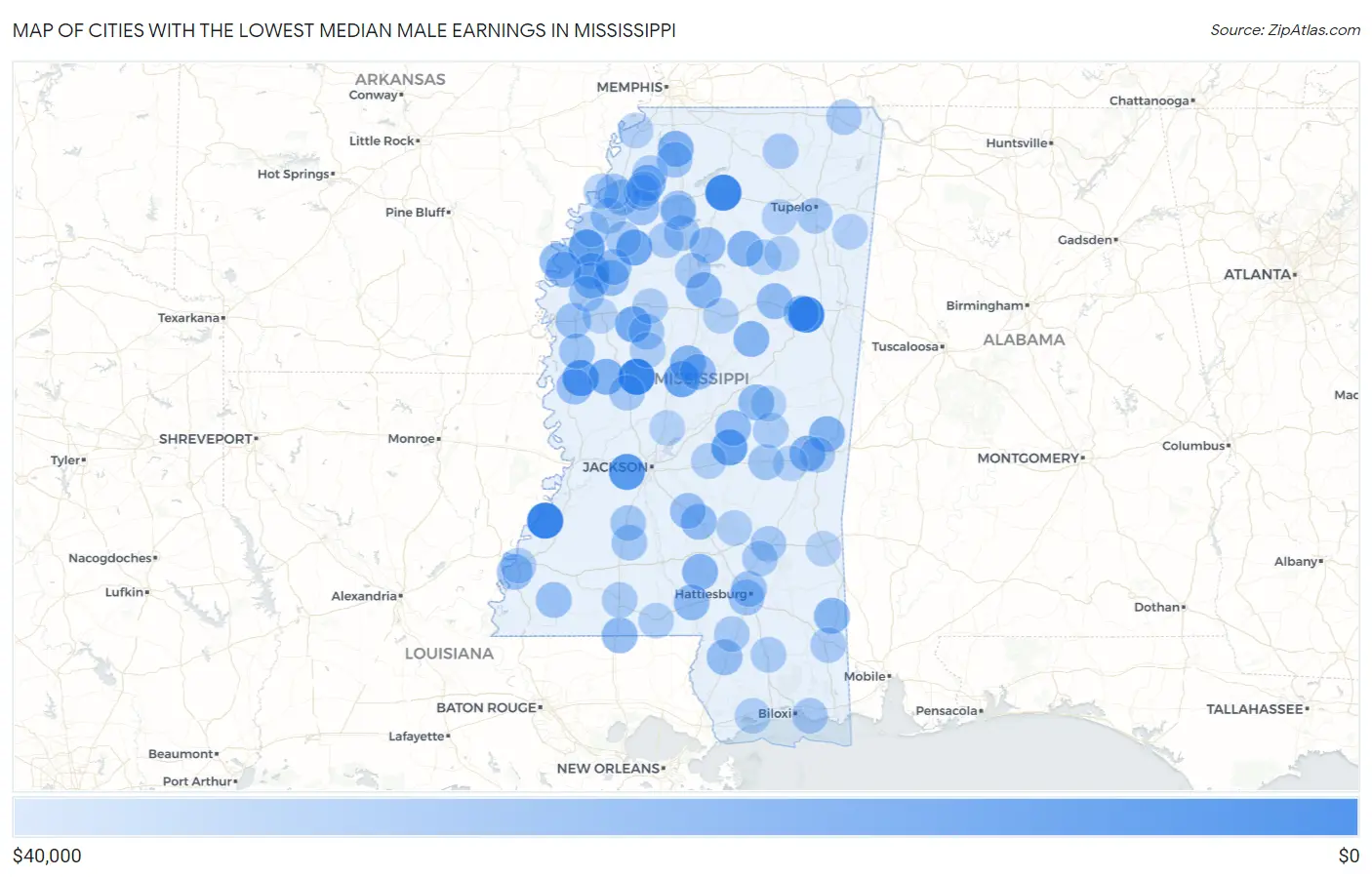 Cities with the Lowest Median Male Earnings in Mississippi Map