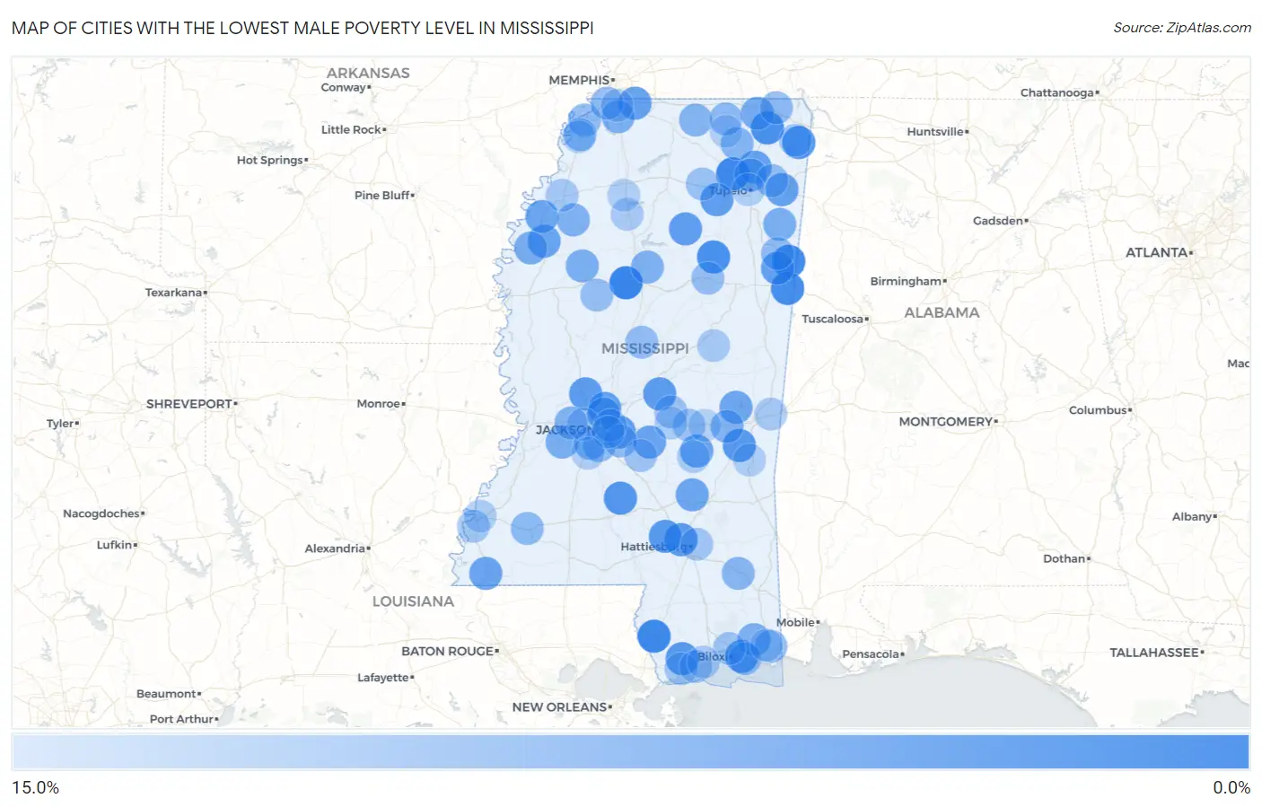 Cities with the Lowest Male Poverty Level in Mississippi Map