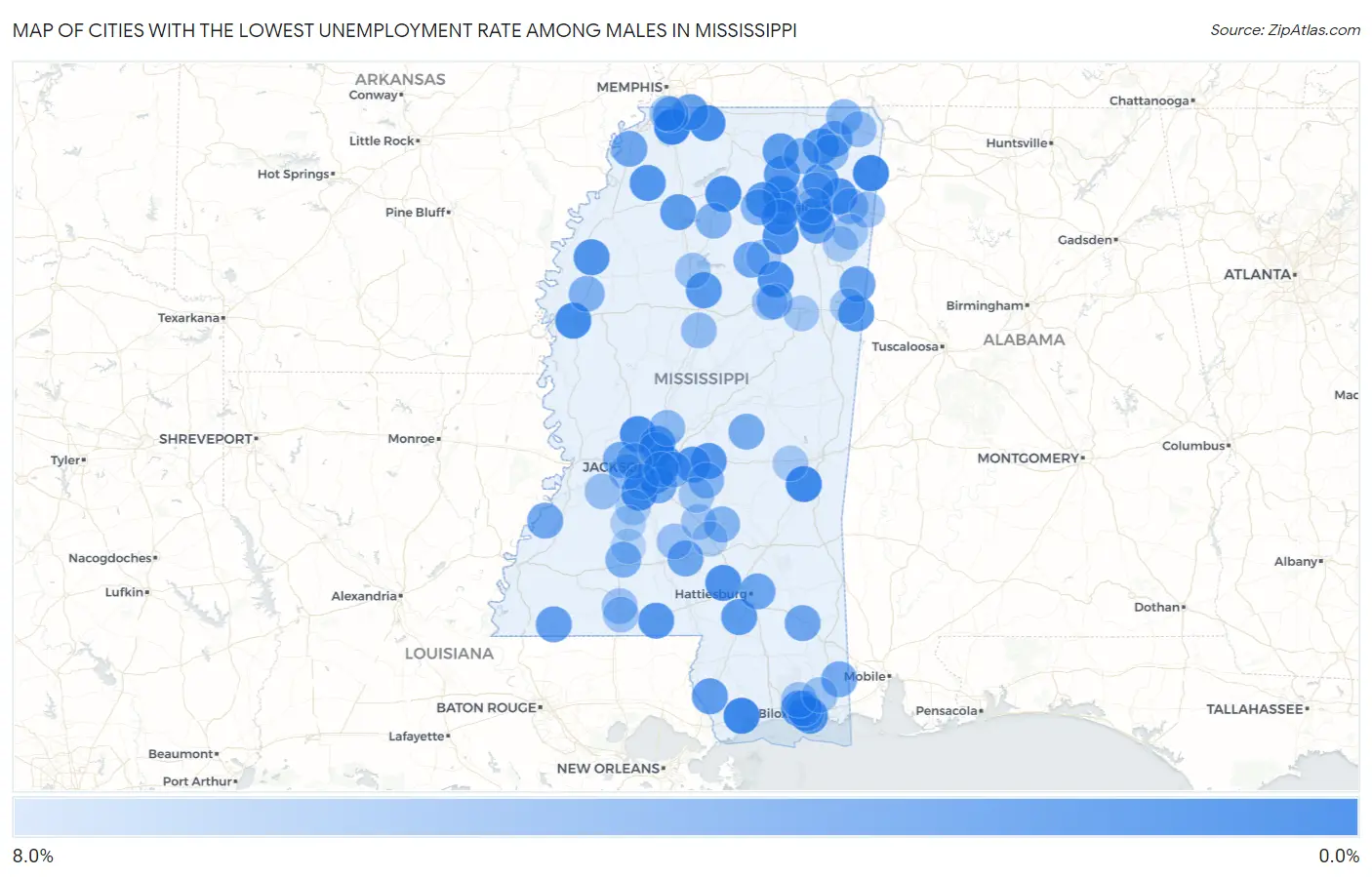 Cities with the Lowest Unemployment Rate Among Males in Mississippi Map