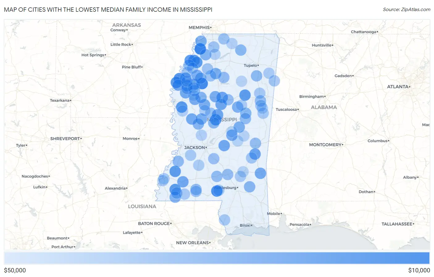 Cities with the Lowest Median Family Income in Mississippi Map