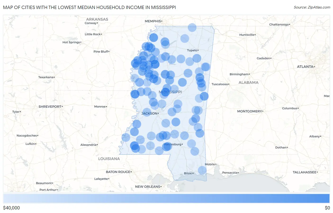 Cities with the Lowest Median Household Income in Mississippi Map