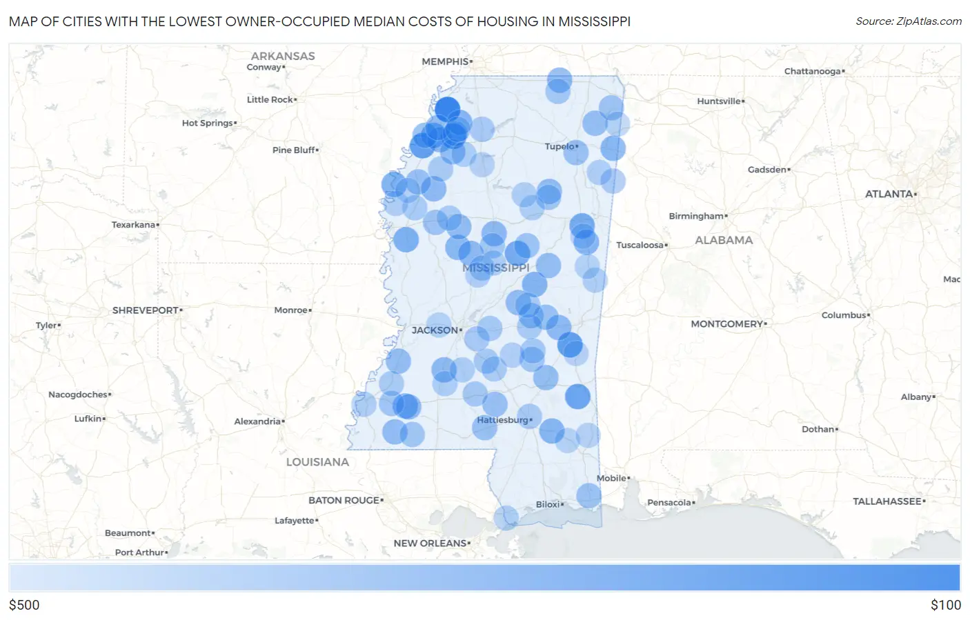 Cities with the Lowest Owner-Occupied Median Costs of Housing in Mississippi Map