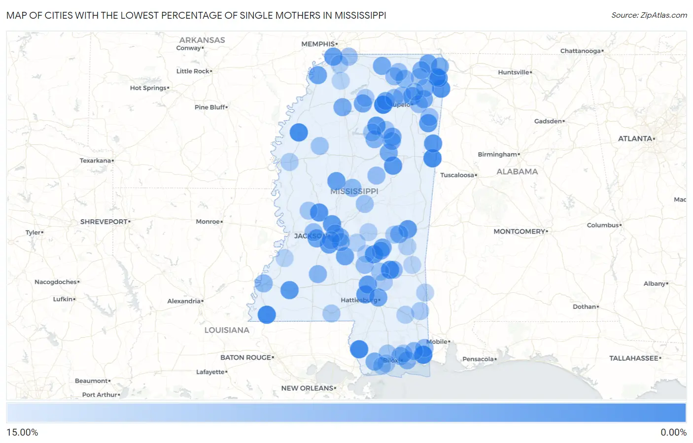 Cities with the Lowest Percentage of Single Mothers in Mississippi Map