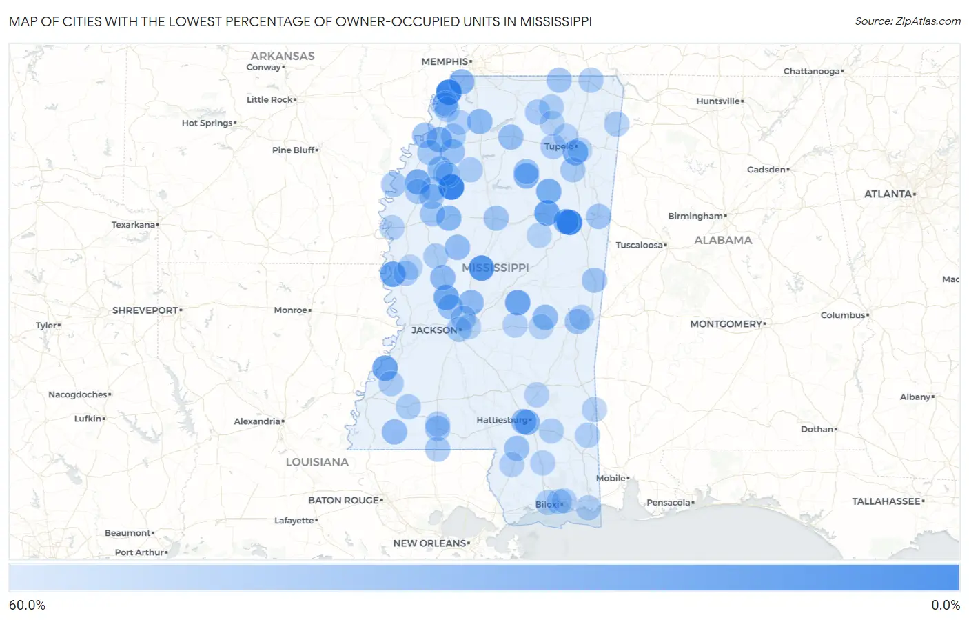 Cities with the Lowest Percentage of Owner-Occupied Units in Mississippi Map