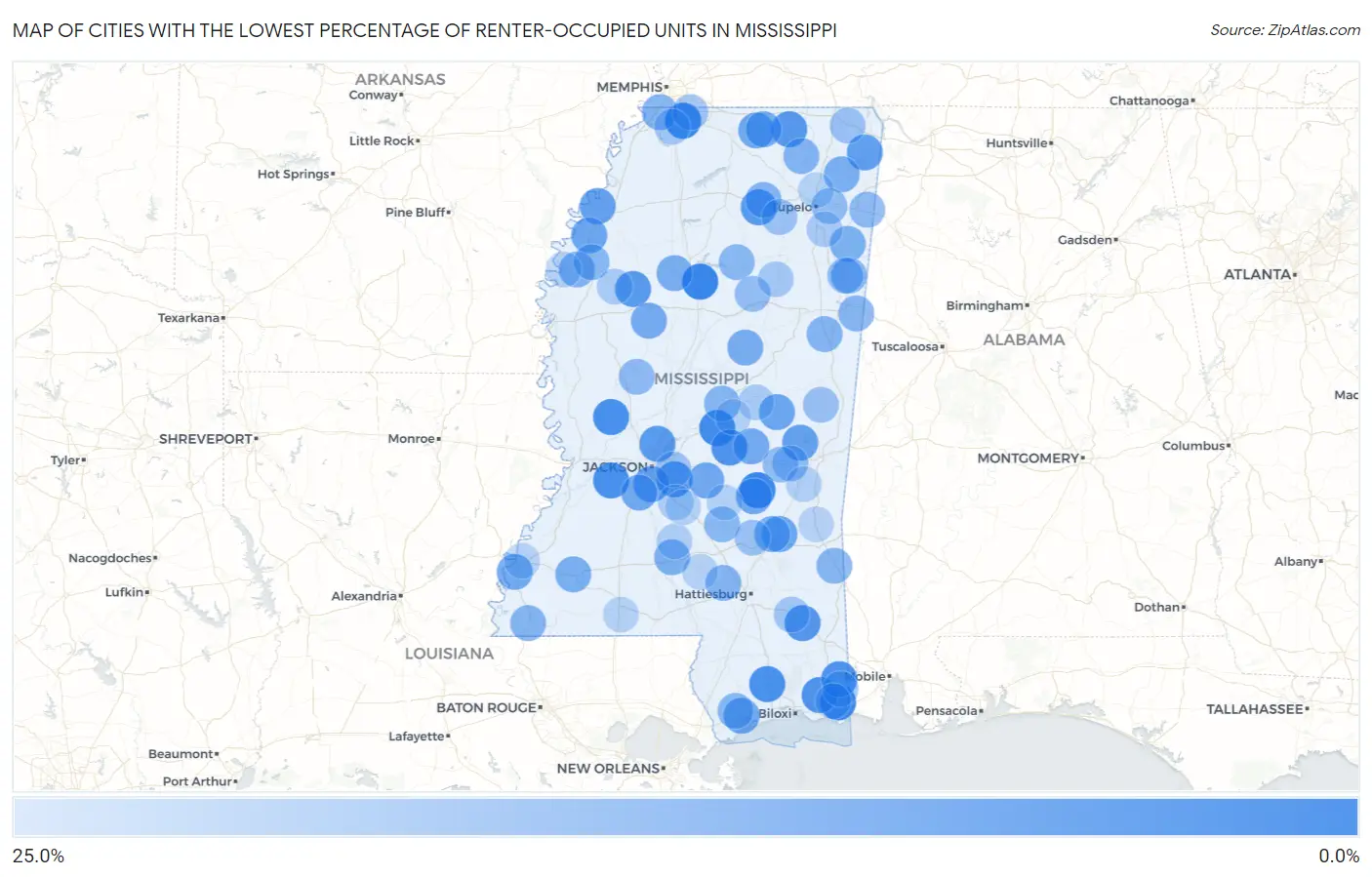 Cities with the Lowest Percentage of Renter-Occupied Units in Mississippi Map