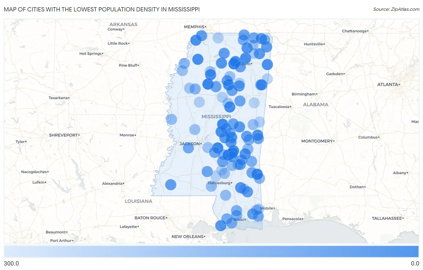 Cities with the Lowest Population Density in Mississippi Map